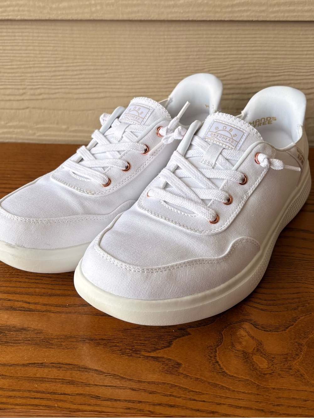 Skechers White Canvas Sneakers with Rose-Gold Eyelets